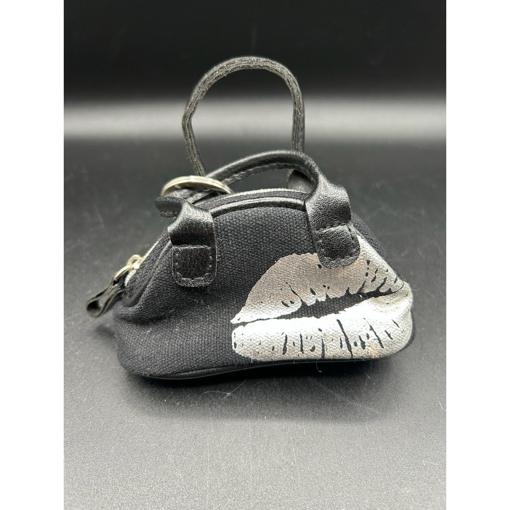 VTG Victorias Secret Mini Purse Angel Key Chain Ring Bag Charm Black Silver Lips
